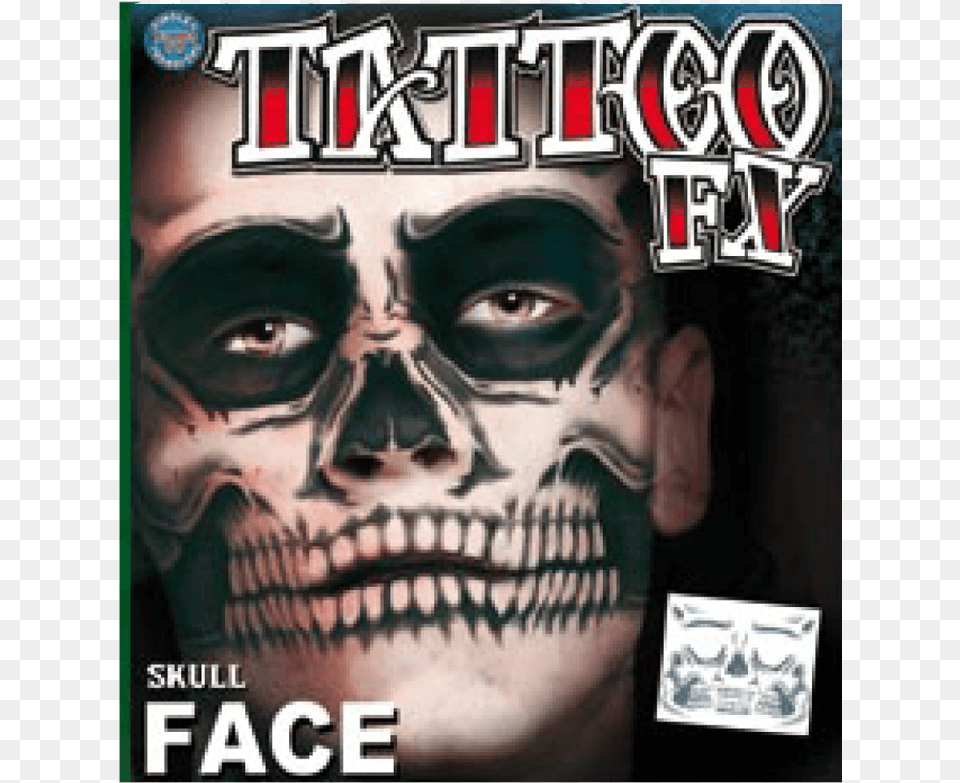Skull Face Temp Tattoo Skeleton Face Temporary Tattoo, Publication, Book, Person, Man Png