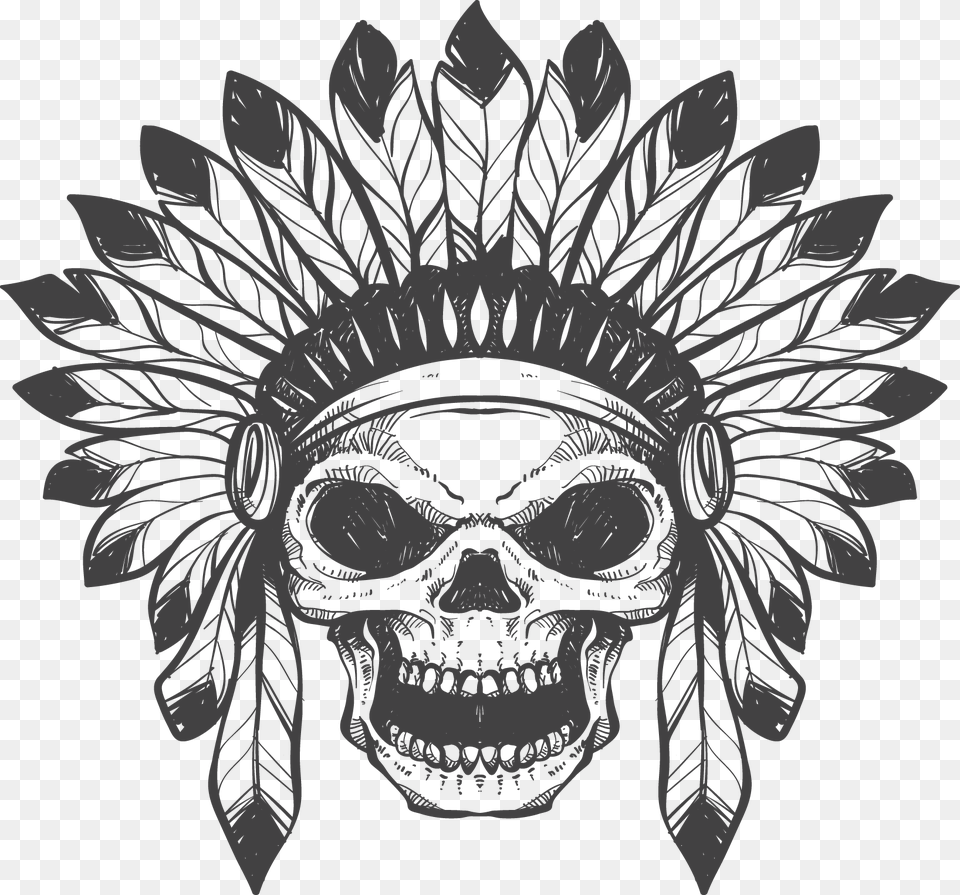 Skull Tattoo Clipart Image Skull War Bonnet, Art, Plant, Drawing, Stencil Free Transparent Png