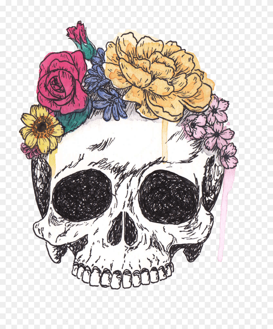 Skull With Flowers Transparent, Art, Doodle, Drawing, Flower Png Image