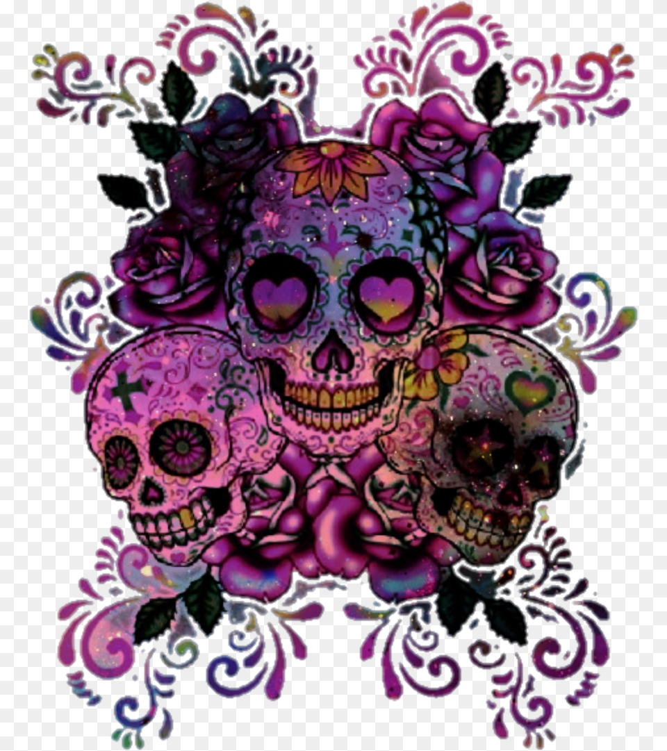 Skulls Roses Grunge Galaxy Flowers Hipster Background Sugar Skull Clipart, Graphics, Purple, Art, Pattern Free Transparent Png