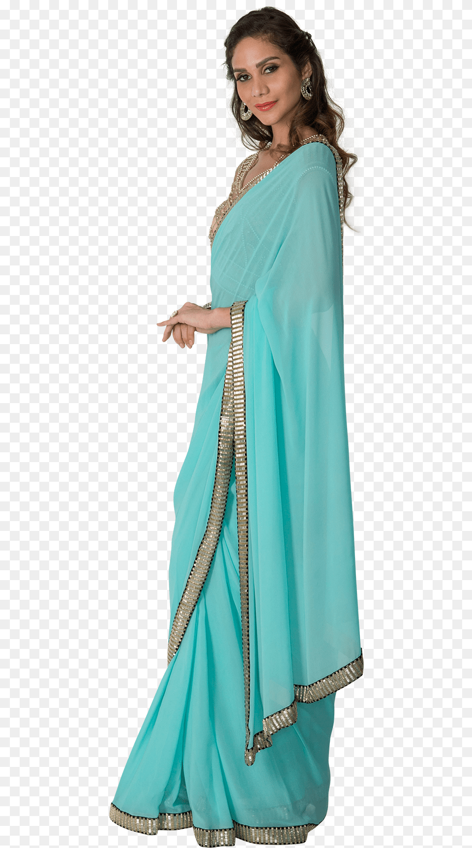 Sky Blue Saree With Gold Blouse By Sonaakshi Raaj Photo Shoot, Adult, Silk, Person, Woman Free Transparent Png