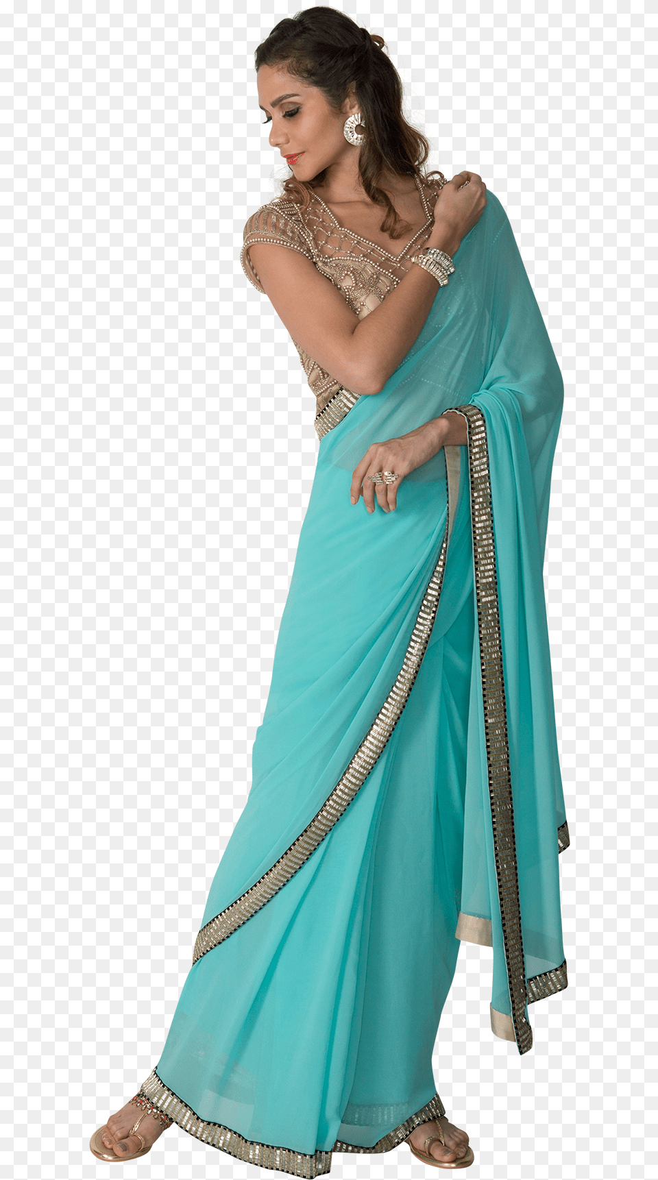 Sky Blue Saree With Gold Blouse By Sonaakshi Raaj Sari, Clothing, Dress, Silk, Adult Free Transparent Png