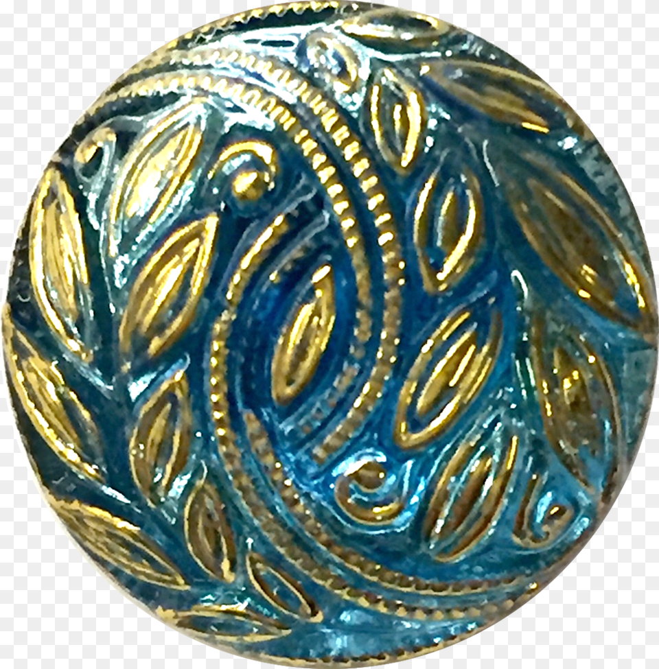 Sky Blue With Gold Laurel Leaves Czech Glass Button Gemstone, Sphere, Accessories, Plate, Jewelry Png Image