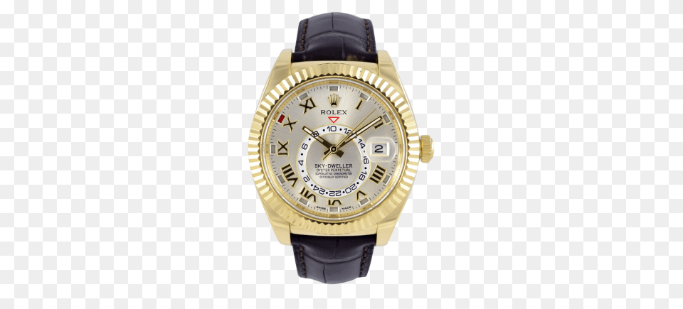 Sky Yg Thumb1 Rolex Sky Dweller Yellow Gold Silver Roman Leather, Arm, Body Part, Person, Wristwatch Free Png