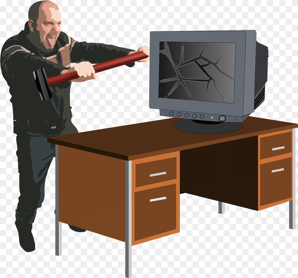 Sledgehammer Smash Angry Vector Graphic On Pixabay Bad Habits Using Computer, Table, Desk, Electronics, Furniture Free Png