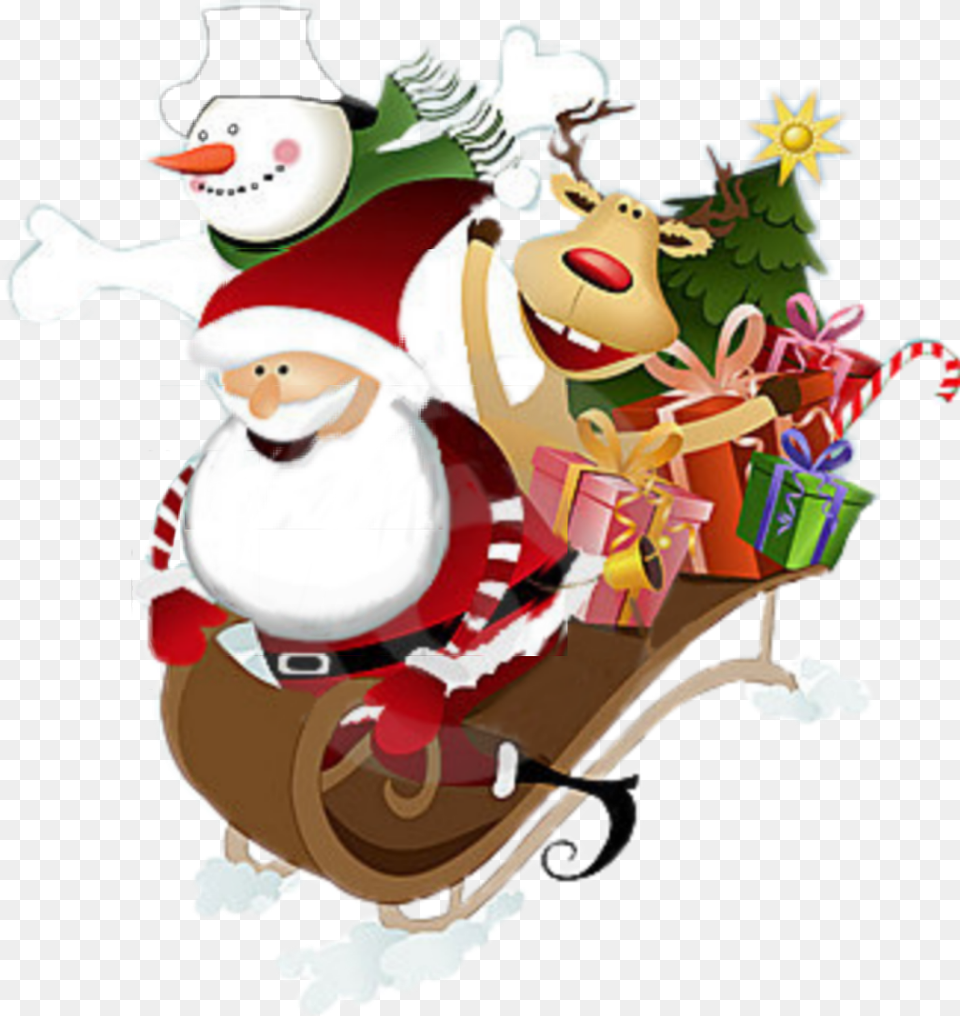 Sleigh Cheistmas Santa Reindeer Snowman Presents Santa Claus And Friends, Nature, Outdoors, Winter, Snow Free Transparent Png