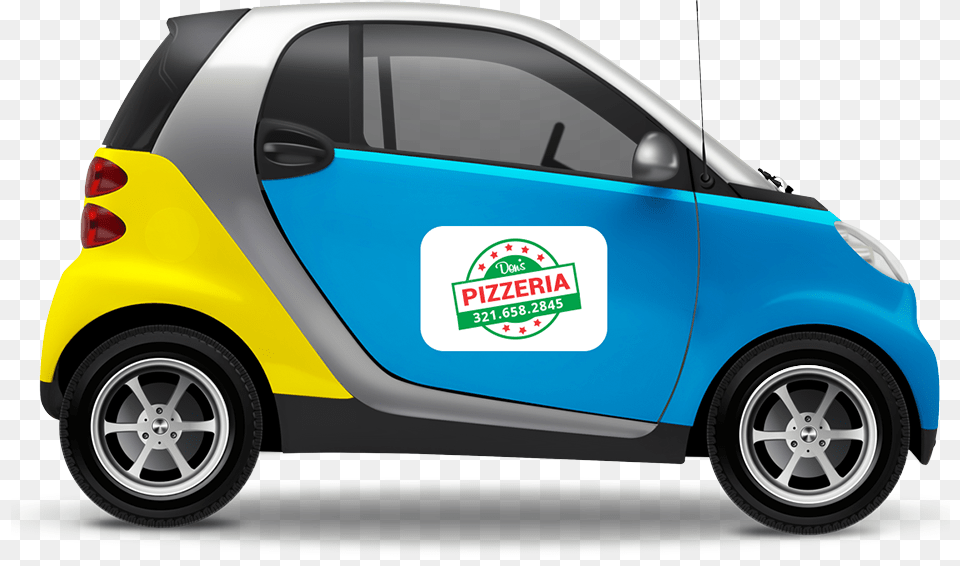 Small Car With Magnetic Sign On The Door With Pizza Car Door Magnet Signs, Machine, Wheel, Transportation, Vehicle Free Png