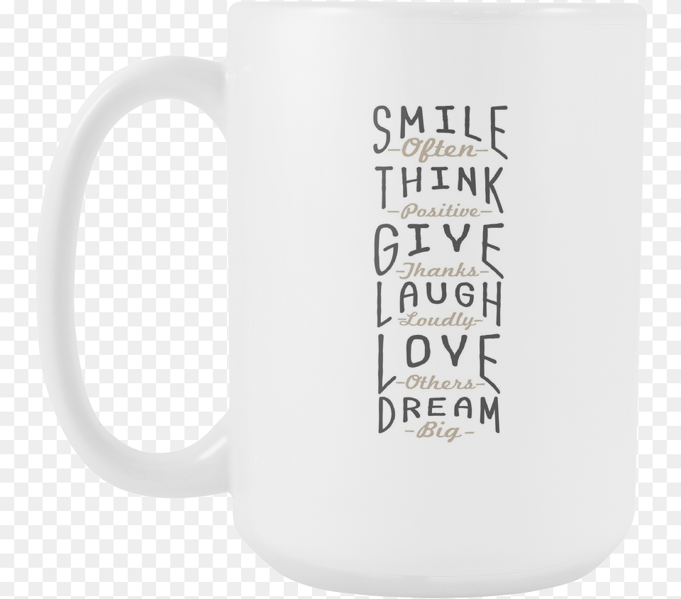 Smile Often Think Positive Give Thanks Laugh Loudly Beer Stein, Cup, Beverage, Coffee, Coffee Cup Free Transparent Png