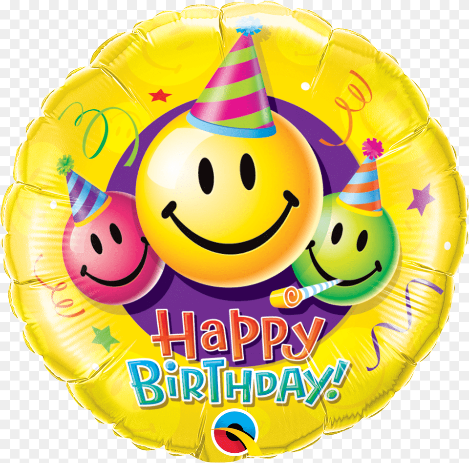 Smiley Faces Happy Birthday Mylar Foil Balloon Balloon Smiley Face Birthday, Clothing, Hat, Toy, Birthday Cake Png Image