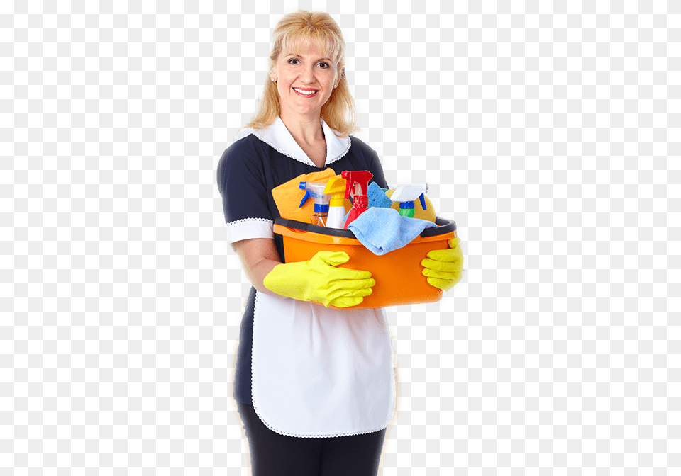 Smiling Lady Standing And Holding Bucket Full Of Bottles Empleada Domestica, Adult, Cleaning, Female, Person Png