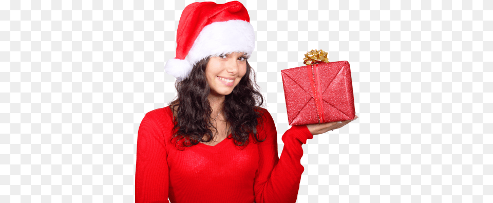 Smiling Woman In Red Santa Claus Hat With Gift Box Santa Claus Woman, Adult, Female, Person, Clothing Png Image