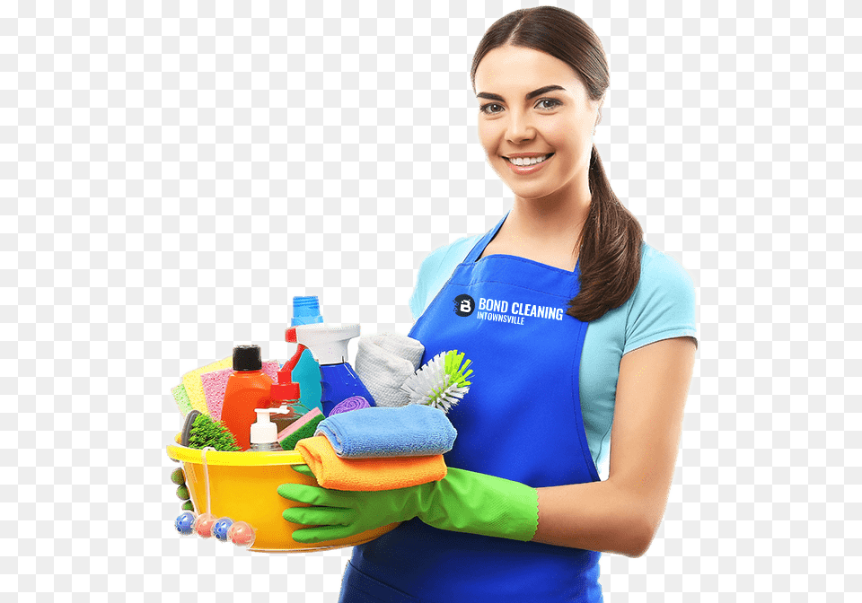Smiling Woman Standing With A Bucket Full Of Bottles Cleaning Girl, Person, Glove, Clothing, Adult Free Transparent Png