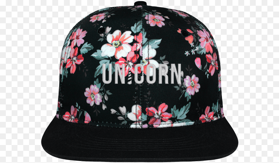 Snapback Cap Black Floral Crown Pattern Unicorn Brod Cap, Baseball Cap, Clothing, Hat, Accessories Free Png