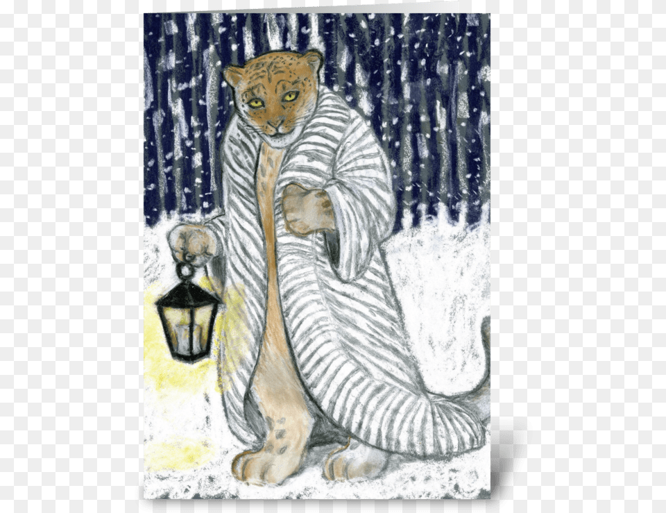 Snow Leopard On A Winter Night Greeting Card Tabby Cat, Animal, Tiger, Mammal, Wildlife Free Png Download