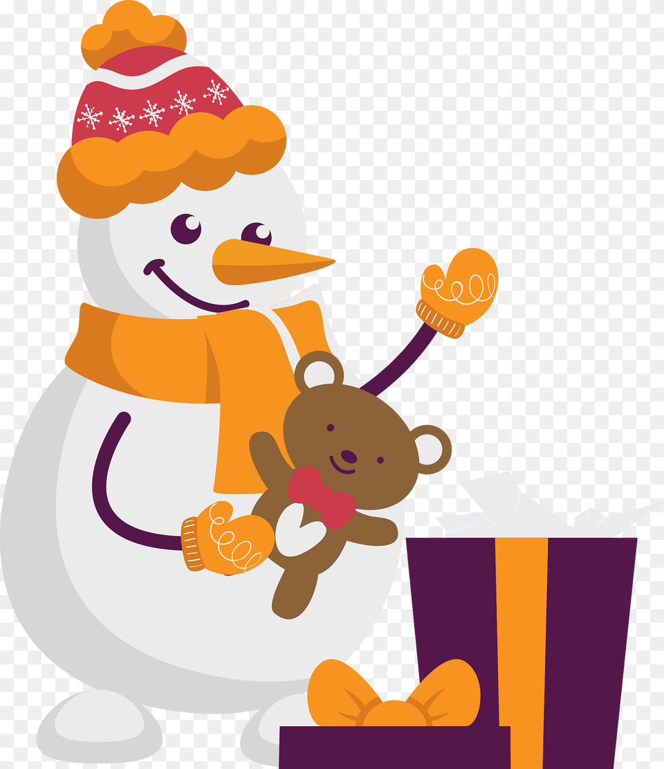 Snowman Unwrapping A Present Clipart, Nature, Outdoors, Winter, Snow Png