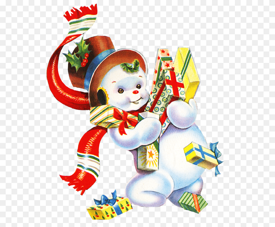 Snowman With Christmas Presents Vintage Christmas Toys Clipart, Outdoors, Nature, Winter, Snow Png