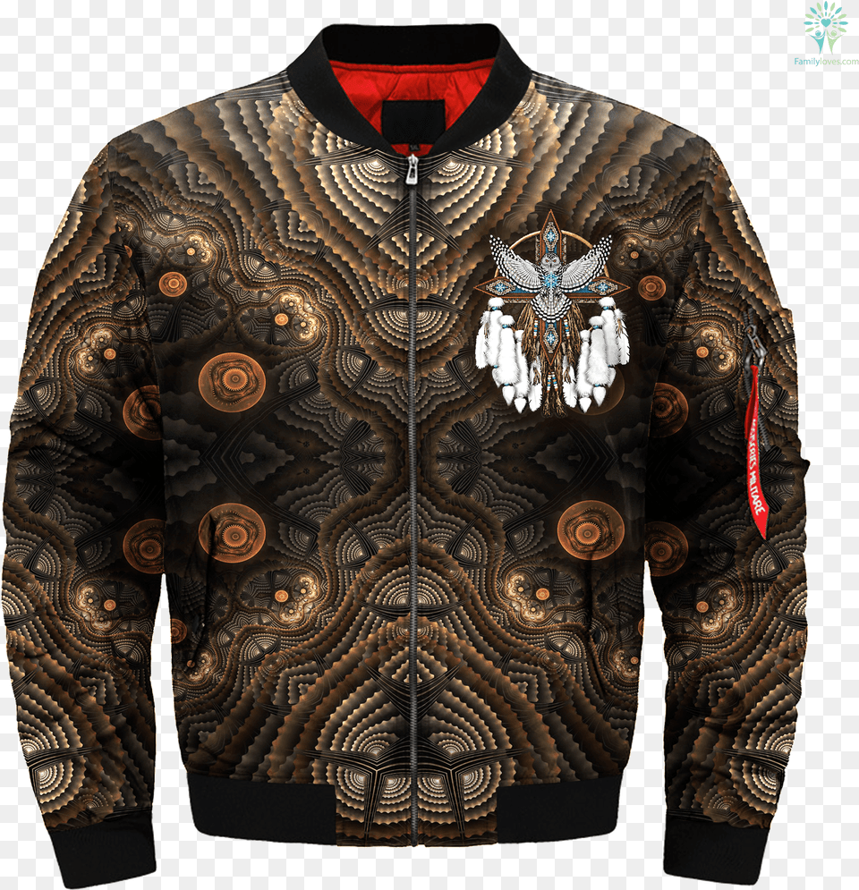 Snowy Owl Native American Mandala Over Print Bomber Wolven Trio Anne Stokes, Clothing, Coat, Jacket, Knitwear Png Image