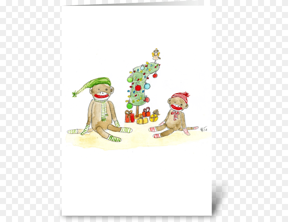 Sock Monkey Christmas Greeting Card Cartoon, Baby, Person, Outdoors, Art Free Png