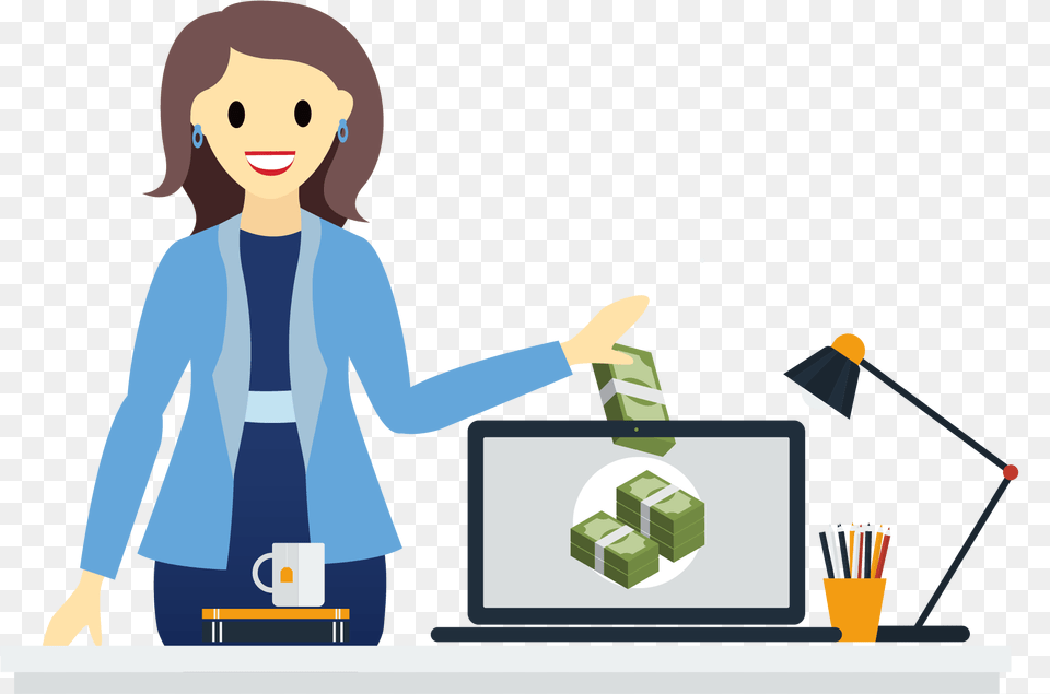 Sofia Drops Bundled Stacks Of Cash Into Her Laptop Cartoon, People, Person, Recycling Symbol, Symbol Free Transparent Png