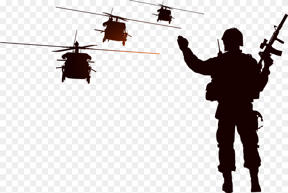 Soldier And Helicopter Silhouette, Adult, Transportation, Person, Man Free Png Download