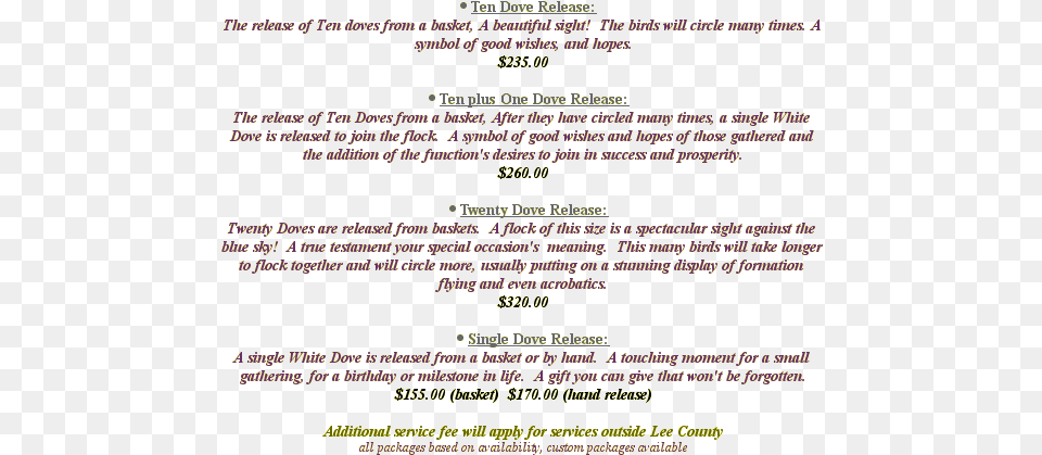 Southwest Florida White Doves Birthdays Special Events Screenshot, Text, Menu, Advertisement, Poster Free Png Download