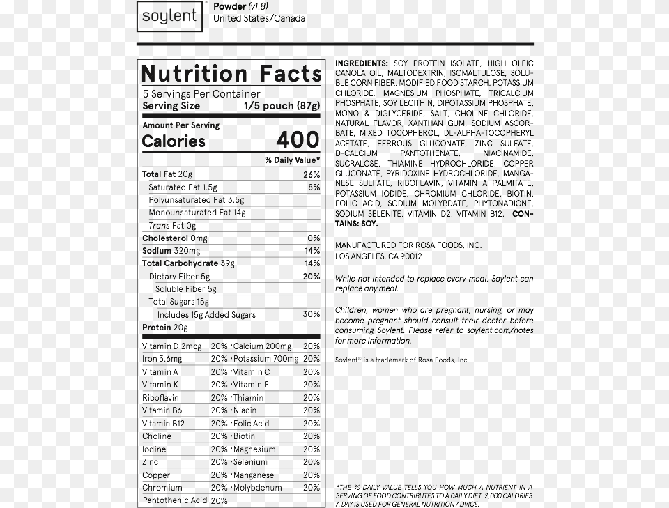 Soylent Powder Nutrition Facts, Page, Text, File, Computer Hardware Free Png Download