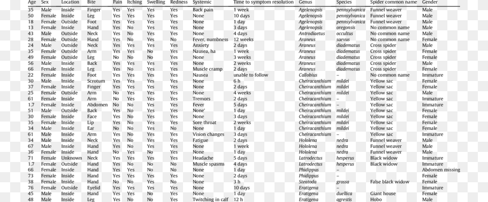 Spider Bite Demographics Document, Gray Free Png Download