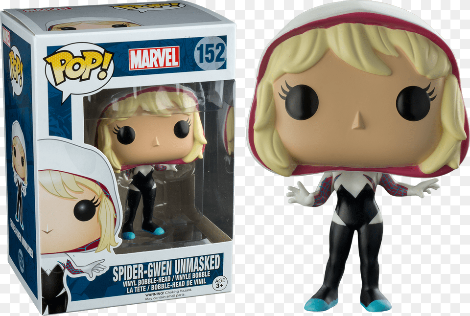Spider Gwen Hooded Unmasked Pop Vinyl Figure Main Spider Gwen Unmasked Funko, Person, Doll, Toy, Face Png Image