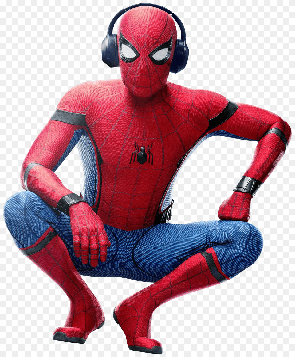 Spiderman Squatting With Headphones, Number, Symbol, Text, Face Png Image