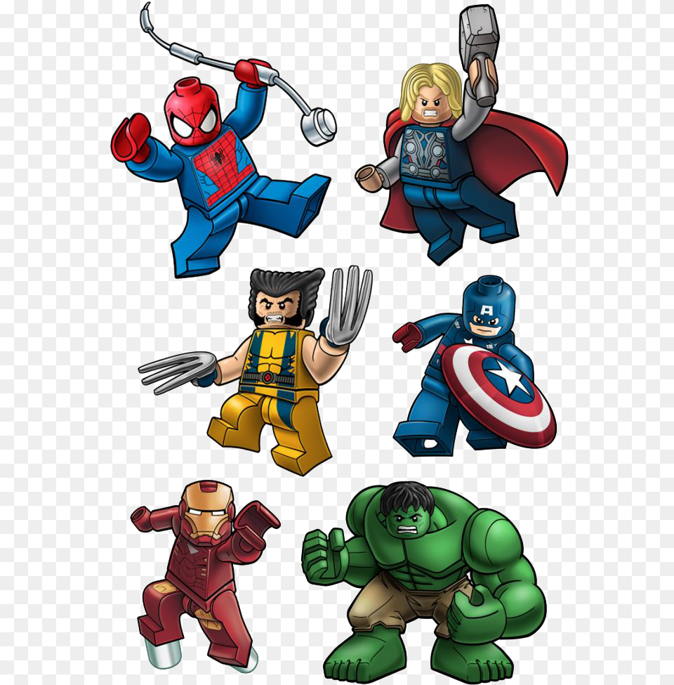 Spiderman Thor Wolverine Ironman Hulk Captainamerica Super Heroes Lego, Book, Comics, Publication, Baby Png
