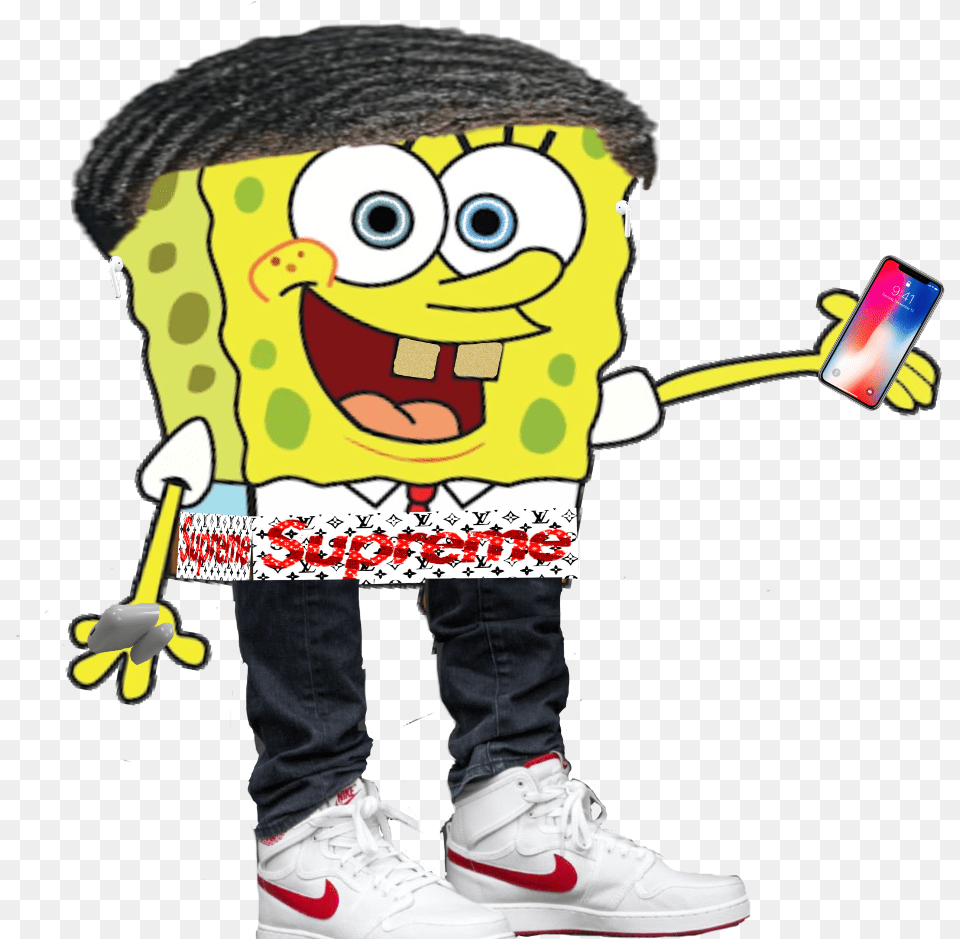 Spongebob Supreme Jordan1 Iphonex Airpods Thug Spongebob With Airpods, Clothing, Footwear, Shoe, Boy Png