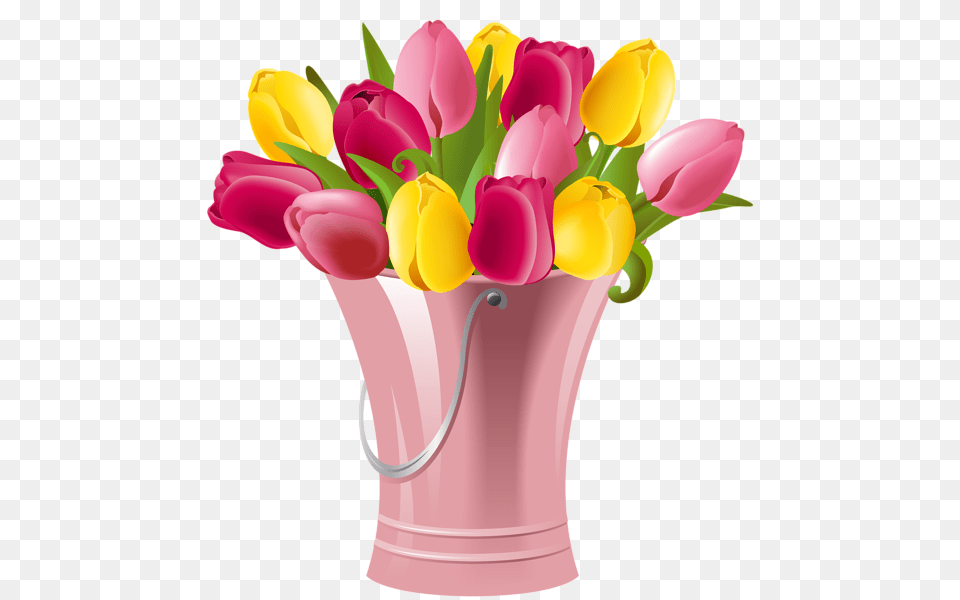 Spring Bucket With Tulips Transparent Clip Art Image, Vase, Pottery, Plant, Flower Free Png