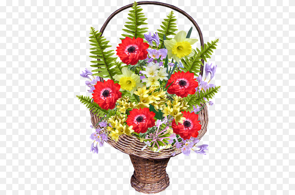 Spring Flower Basket Bouquet, Flower Arrangement, Flower Bouquet, Plant, Anemone Png