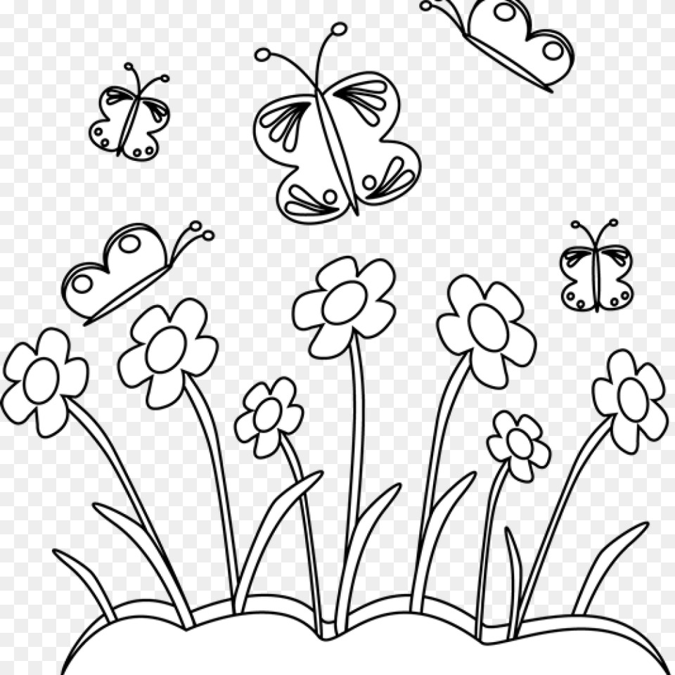 Spring Flowers Black And White Flower Garden Clipart Black And White, Art, Floral Design, Graphics, Pattern Png