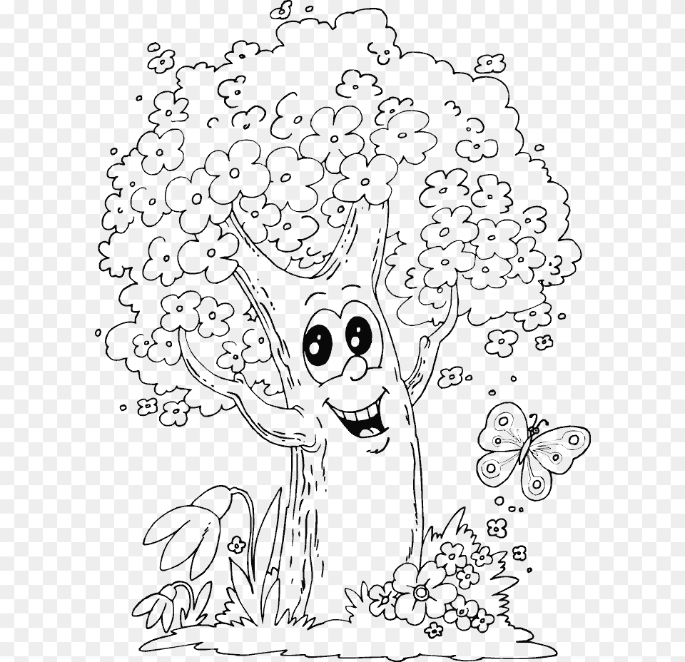 Spring Tree Colouring Spring Tree Coloring Pages, Art, Drawing, Blackboard, Pattern Free Png Download