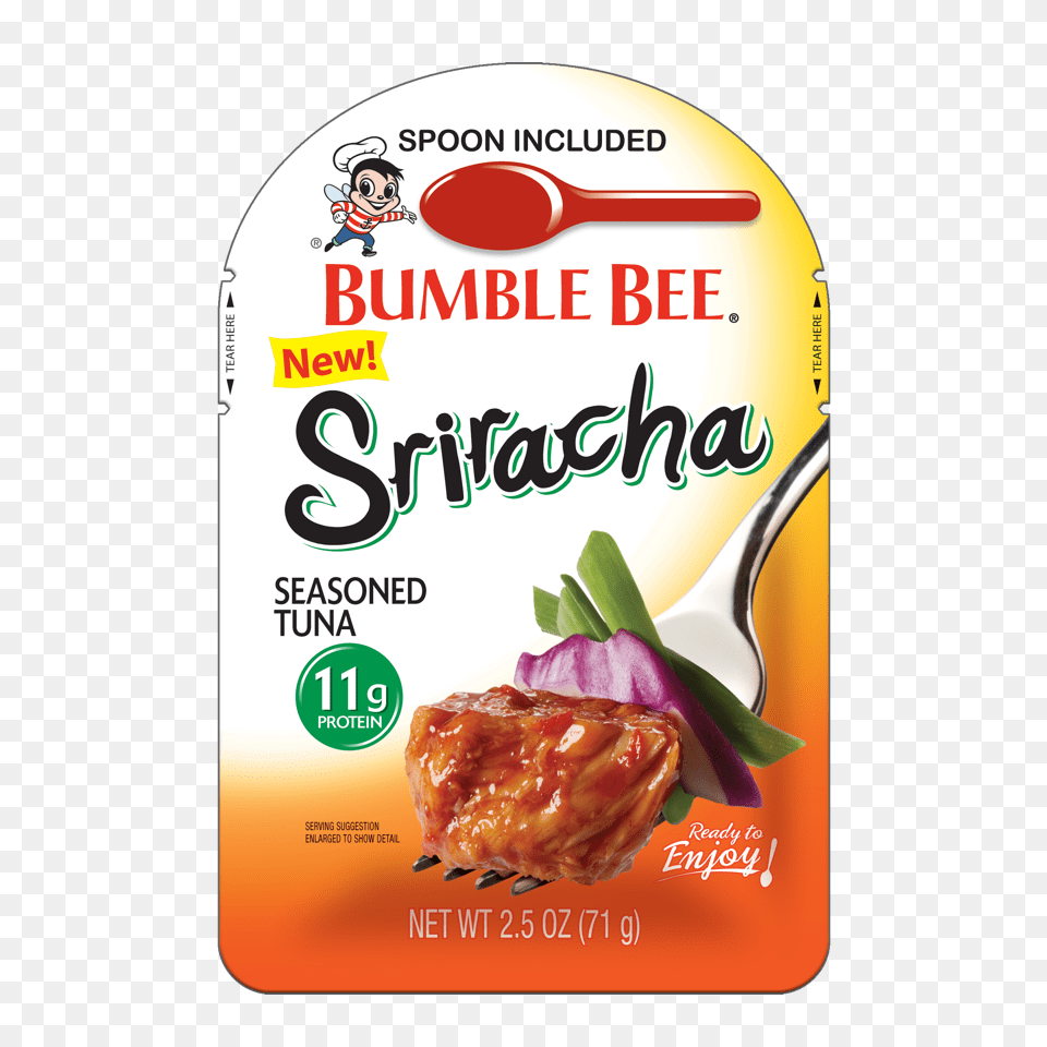 Sriracha Seasoned Tuna Pouch With Spoon Bumble Bee Tuna, Advertisement, Cutlery, Person, Food Free Transparent Png
