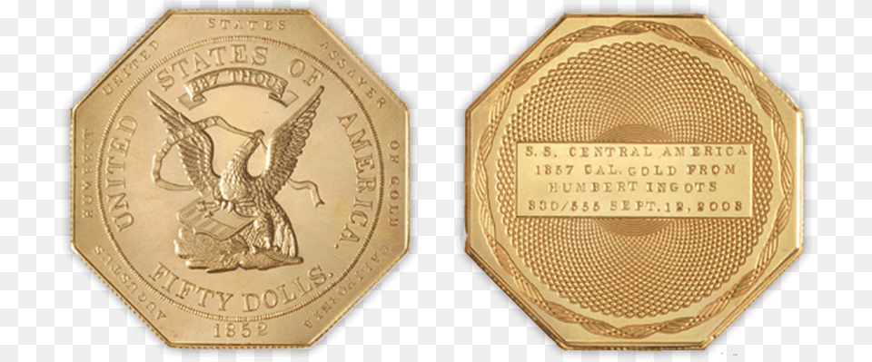 Ss Central America Octagonal Humbert 50 Gold Commemorative Octagon 50 Gold Coin, Animal, Bird, Money Free Png