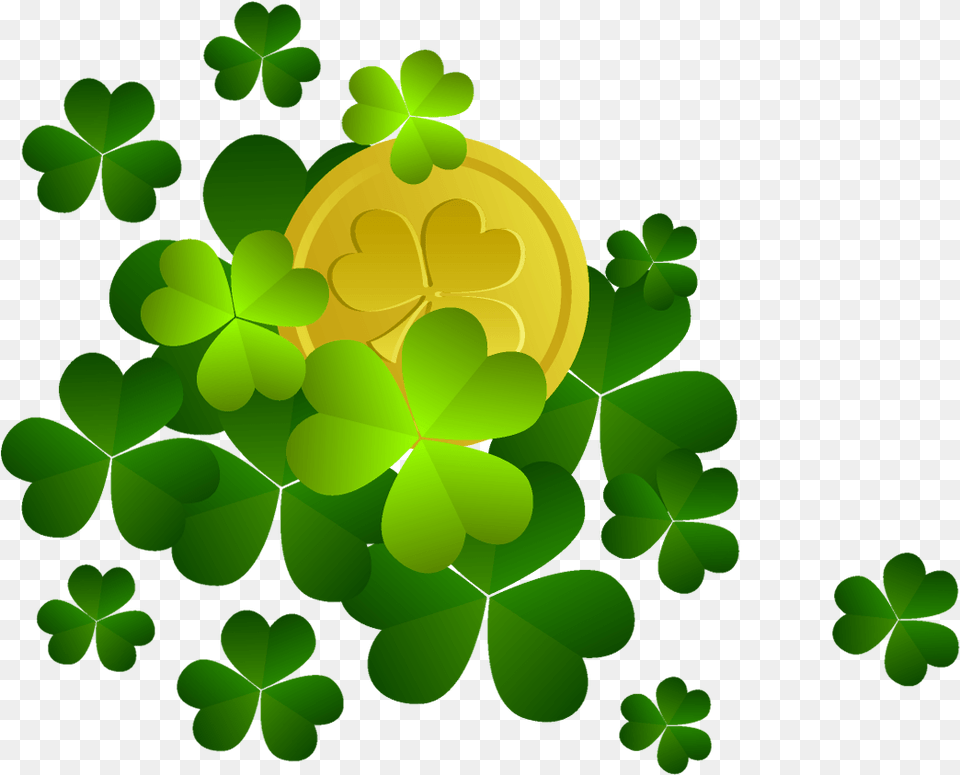St Patricks Shamrocks With Coin Decor Clipart Background St Patricks Day Clipart, Plant, Leaf, Green, Art Free Png