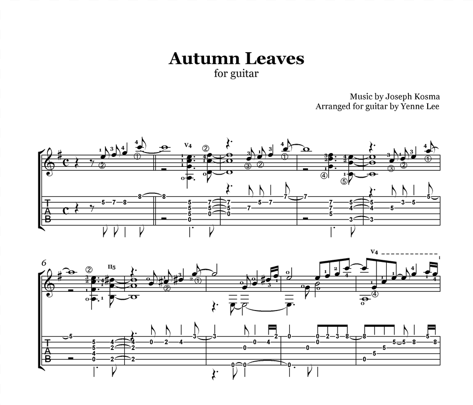 Staff Tab Autumn Leaves Joseph Kosma Autumn Leaves Guitar Tab Yenne Lee, Sheet Music Free Png Download