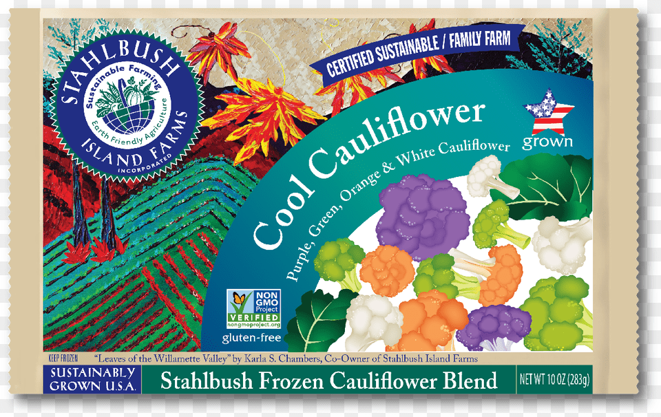 Stahlbush Cool Cauliflower Is A Hearty Blend Of White Stahlbush Island Farms Colorful Sweet Potatoes, Advertisement, Poster, Food, Plant Png Image