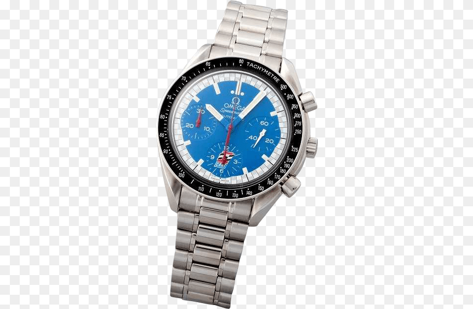 Stainless Steel Omega Speedmaster Blue Cart Logo Watch Analog Watch, Arm, Body Part, Person, Wristwatch Free Png