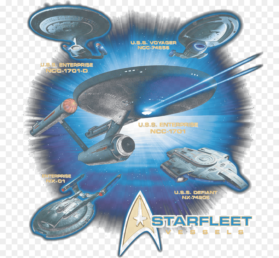 Star Trek Starfleet Vessels Men S Ringer T Shirt Star Trek Voyager Ship, Advertisement, Lighting, Poster, Aircraft Free Png