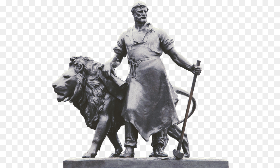 Statue Lion Blacksmith Monument Hammer Old Bronze Blacksmith And Lion Sculpture, Adult, Person, Man, Male Free Transparent Png