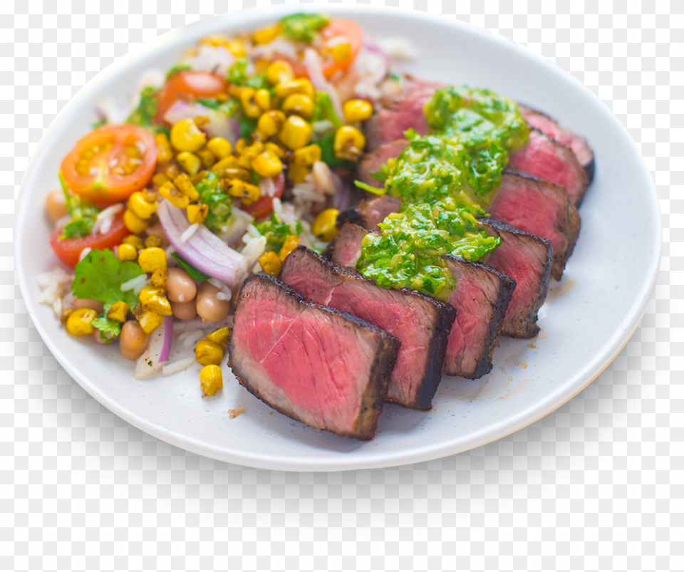 Steak With Chimichurri Sauce Corn And Rice Salad Steak, Food, Meat, Plate, Dish Free Png
