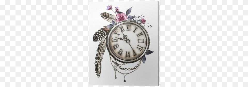 Steam Punk Watercolor Illustration With Wildflowers Tatuagens De Rosas Com Relogio, Clock, Animal, Bird, Analog Clock Png Image