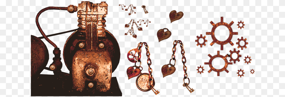 Steampunk Engine Heart Gears Jewelry Heart, Accessories, Bronze, Earring Png Image