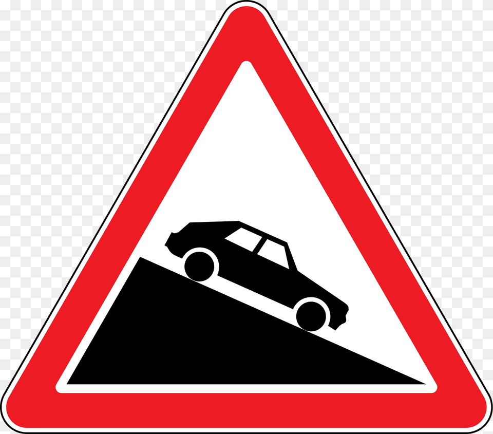 Steep Descent Sign In Moldova Clipart, Symbol, Road Sign, Car, Transportation Png Image