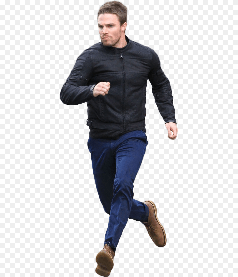 Stephen Amell Running 478 1117 Leather Jacket, Clothing, Coat, Pants, Adult Png