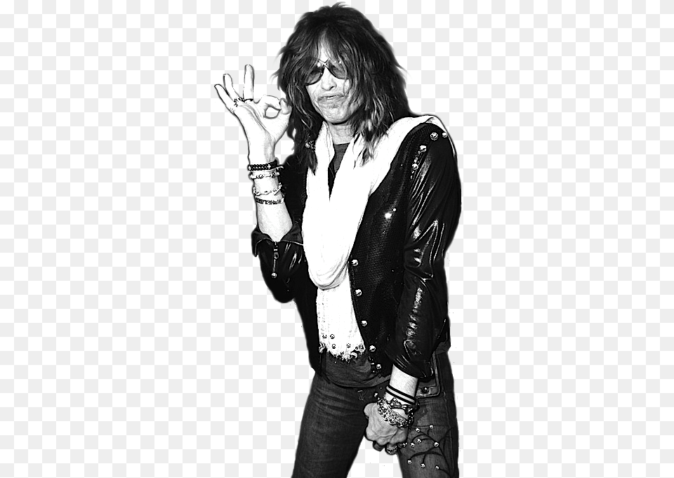 Steven Tyler Bw Okay Hand Sign Celebrity, Woman, Jacket, Finger, Female Png Image