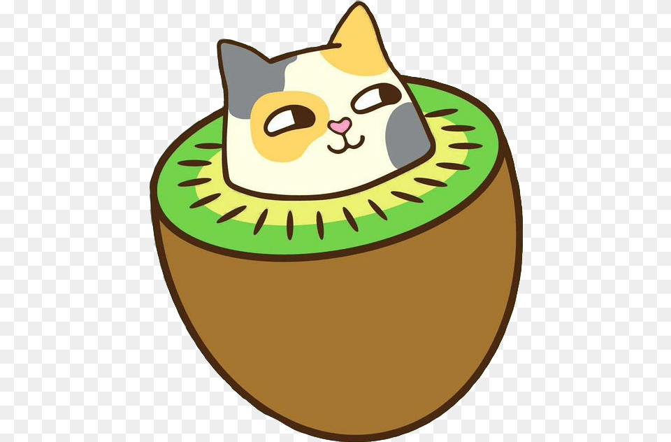 Sticker Cat Fruit Kiwi Kawaii Catfruit Happycat Kawaii Kiwi Cat, Food, Plant, Produce, Disk Png Image